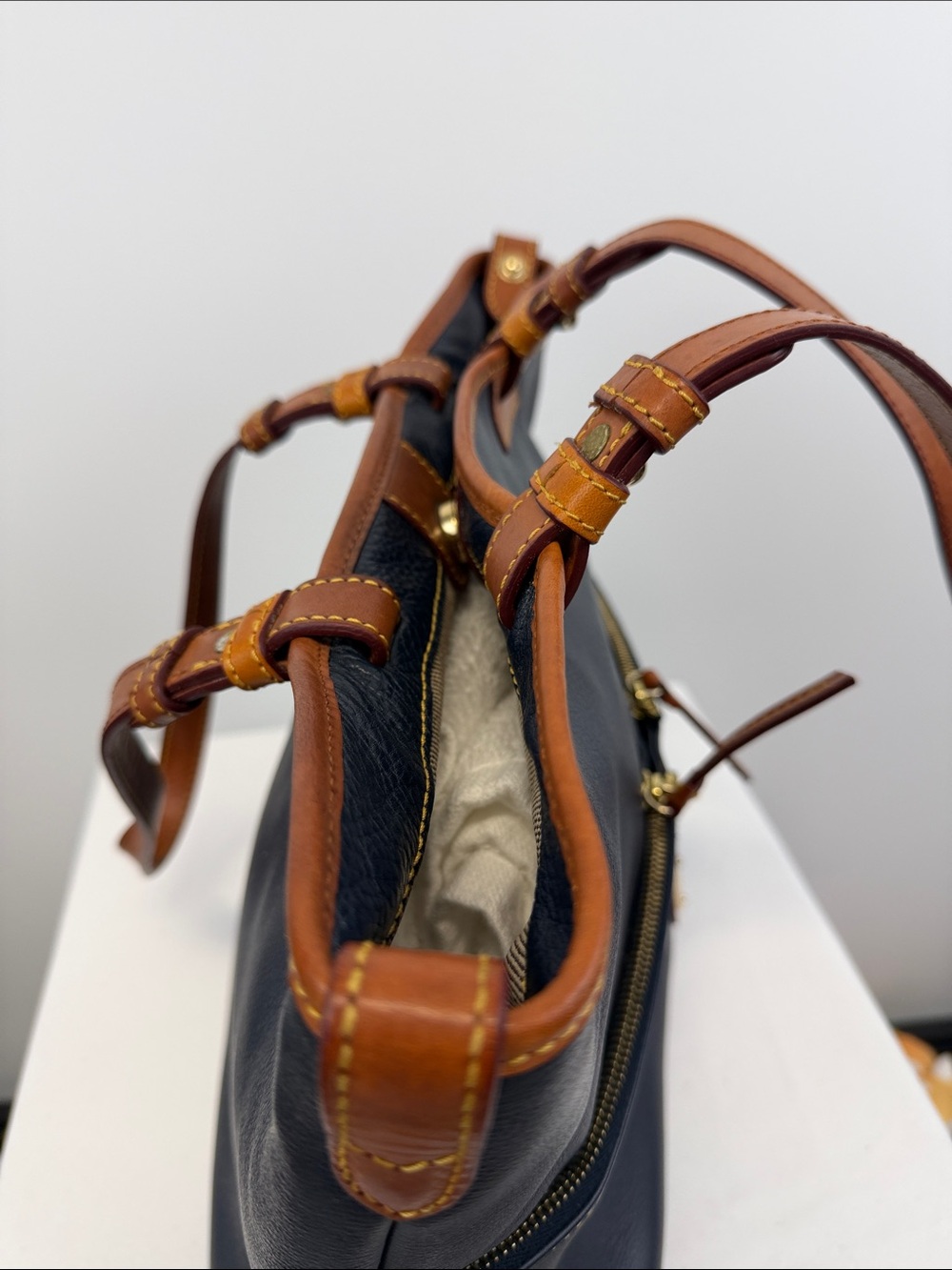 Dooney & Bourke Dillen Navy Pebble Leather Zip Pocket Shoulder Tote Bag - Picture 7 of 11